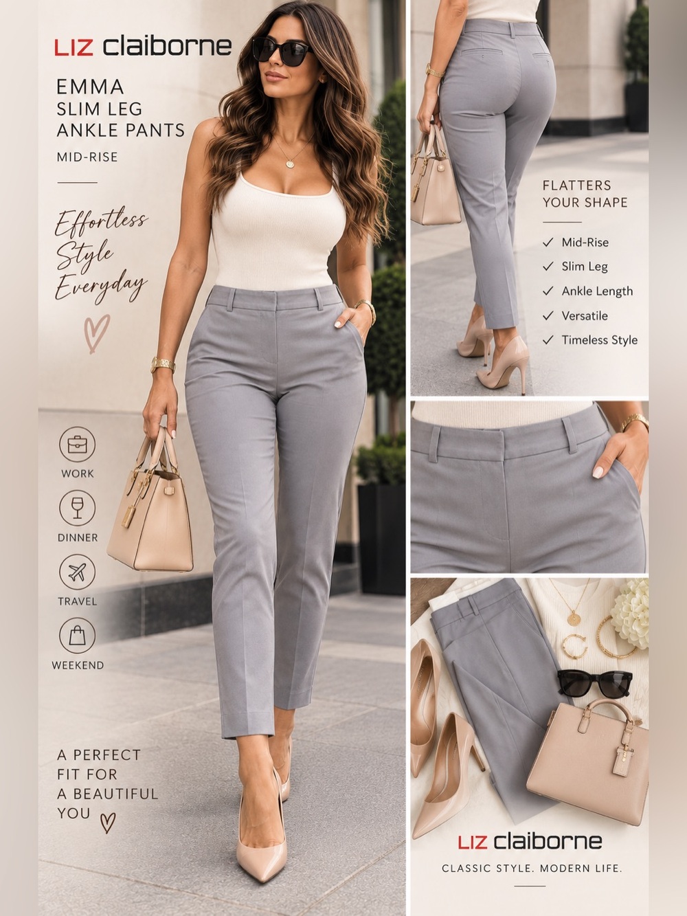 Liz Claiborne Emma Slim Leg Ankle Pants - Light Gray